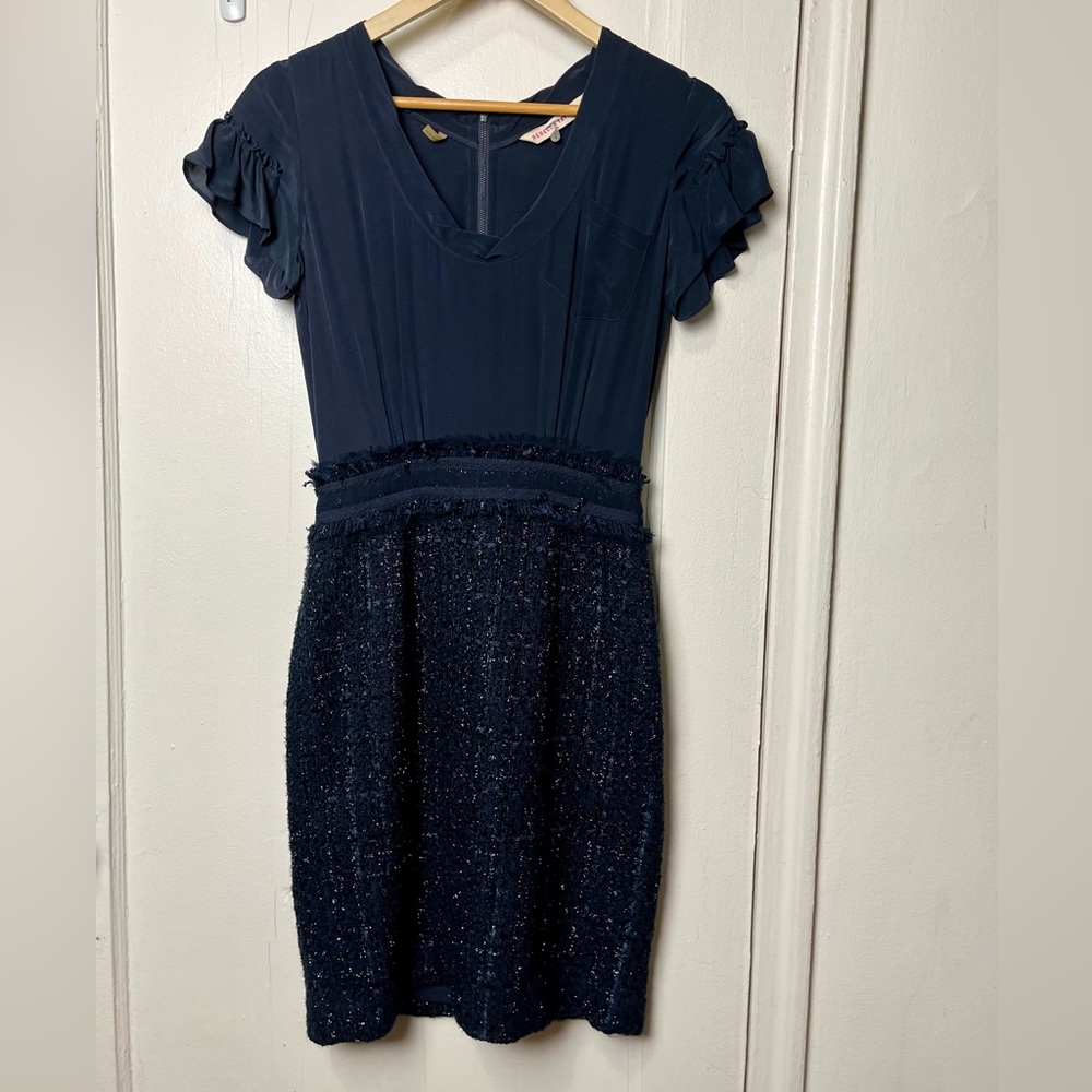 Rebecca Taylor Navy Blue Silk Tweed Boucle Dress Size 2